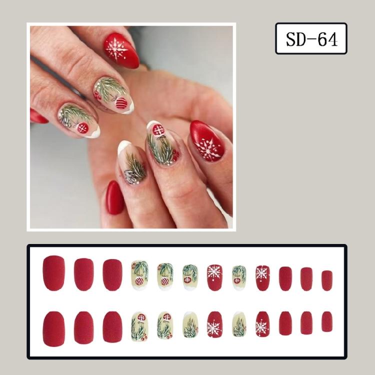Christmas Party Press On Nail Green Leaves Pattern Short Square False Nail With Glitters Design Party Manicure Set