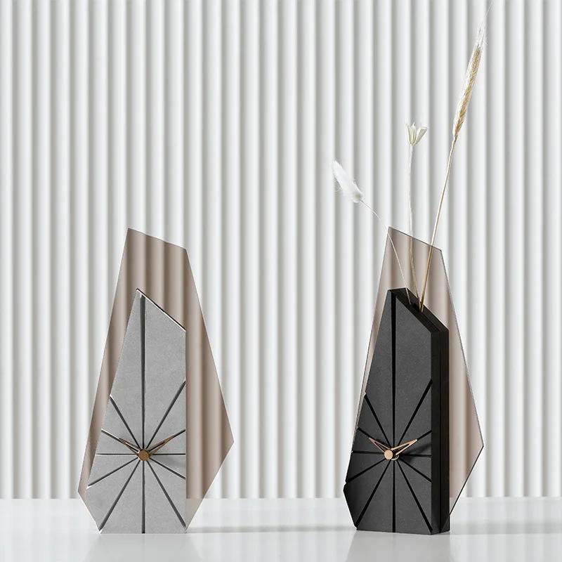 Modern Design Desk Clock Living Room Decoration Dried Flower Ornament Home TV Cabinet Accessories Creative Art Table Clock