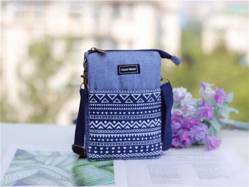 Ethnic style large screen women mobile phone bag Canvas multi-layer fashion female shoulder bag student Girl small bag
