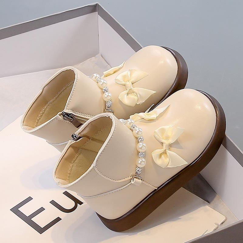 Girls' Vintage Leather Boots Autumn  Side Zipper Chiffon Bow Princess Ankle Boots With Pearl Decoration