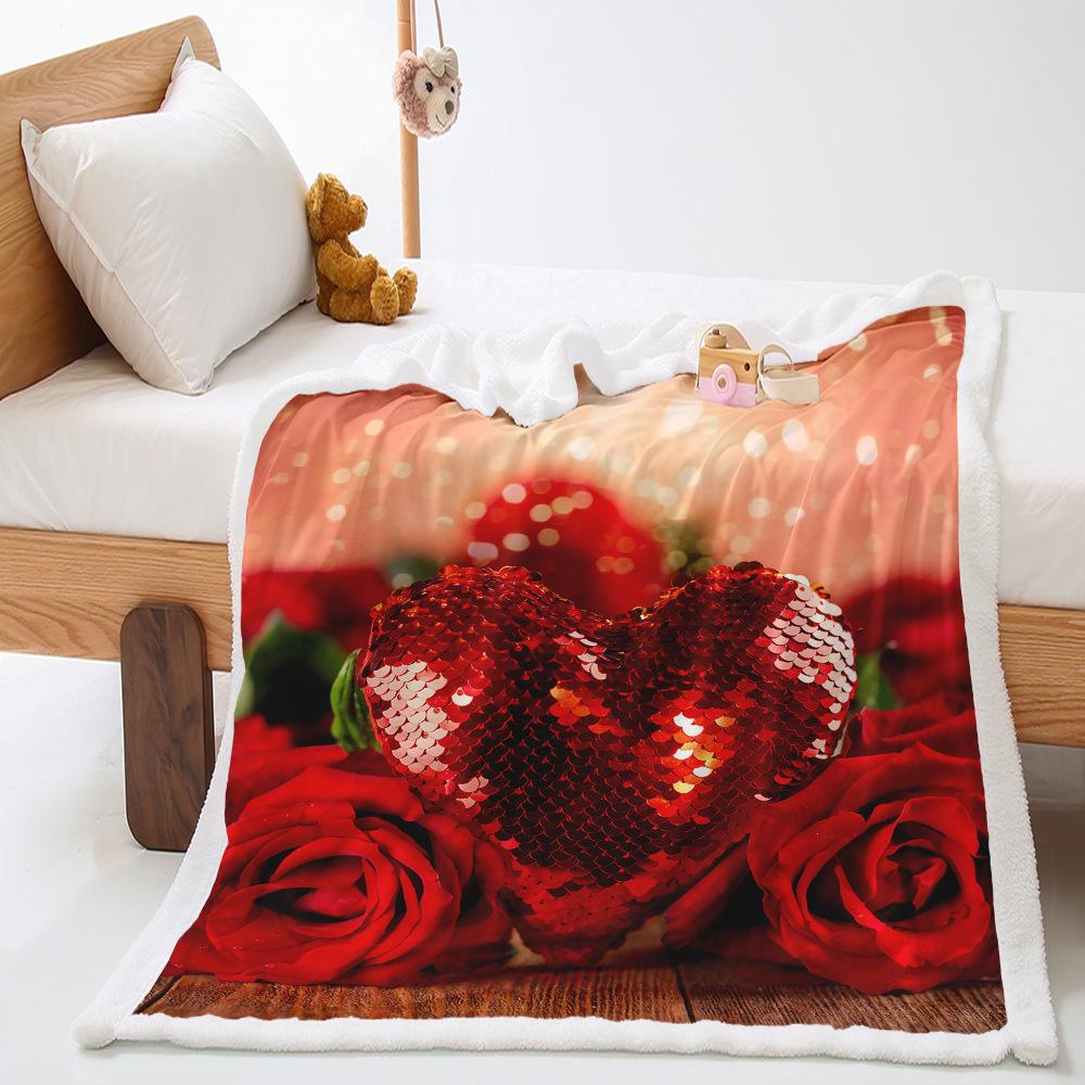 Valentine's Day Rose 2D Digital Printing Thickened Lamb Fleece Crystal Fleece Blanket One Piece Blanket