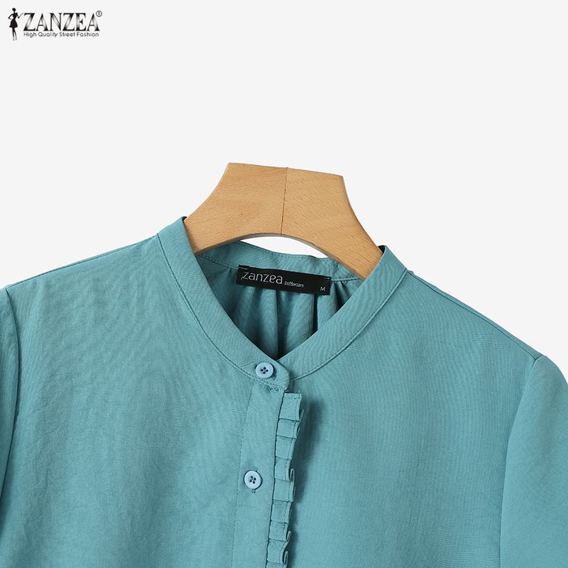 ZANZEA Damen Freizeit Rundhals Einfarbig Kurzarm Bluse