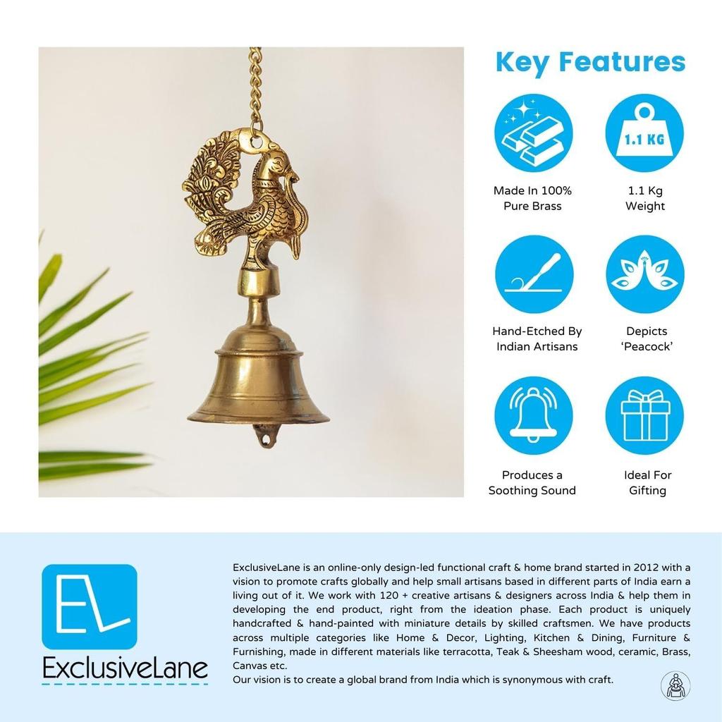 Elegant Peacock' Brass Hanging Bells for Pooja Room  |Ghanti Hanging Bells for Home Decoration Brass Bell for Mandir Bell for Pooja Room