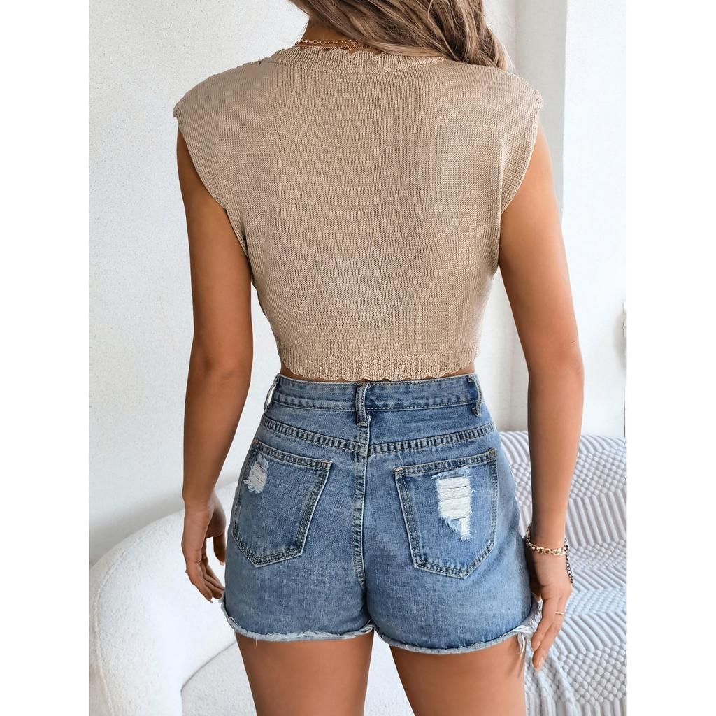 QICED Summer Hollowed-out Crop Top for Vacation Women's Wear