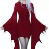 Women Halloween Dress Lace-up Slim Fit Irregular Ruffle Cuff Bell Sleeves Hollow Out Round Neck Solid Color Vampires Cosplay Performance Maxi Dress
