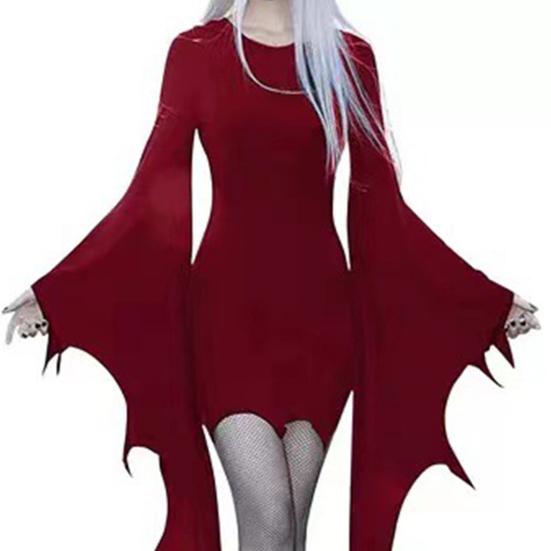 Women Halloween Dress Lace-up Slim Fit Irregular Ruffle Cuff Bell Sleeves Hollow Out Round Neck Solid Color Vampires Cosplay Performance Maxi Dress