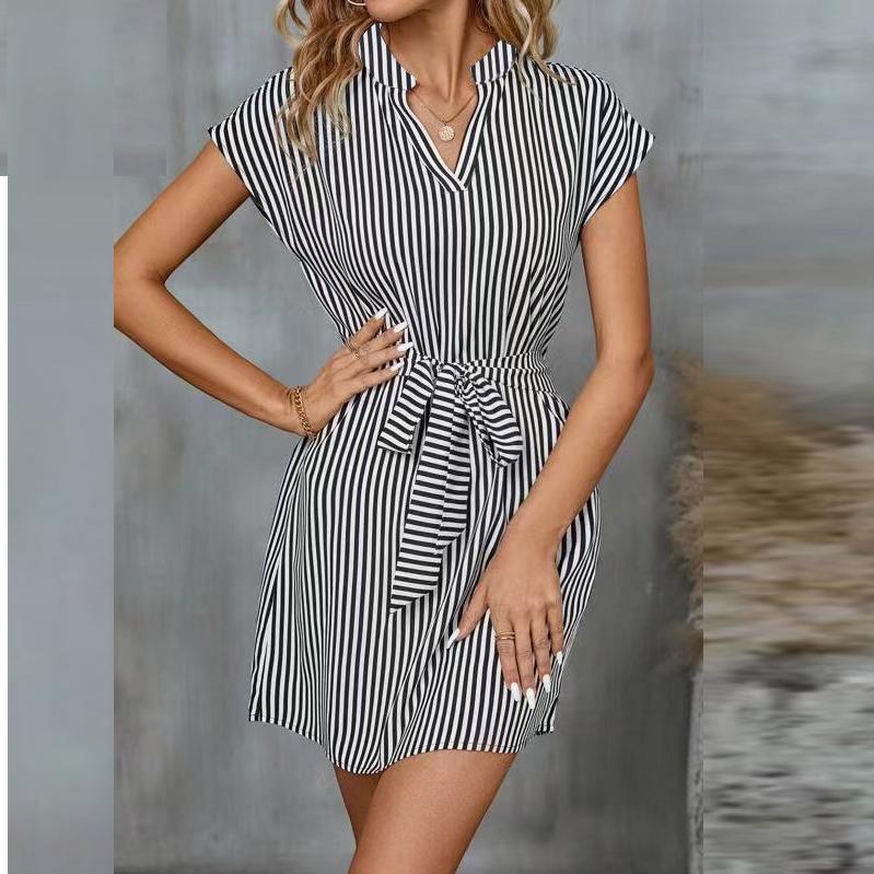 

Весна-лето Полосатое платье с рукавами «летучая мышь» Женская модная юбка с поясом Стильная одежда XL чёрный/серый