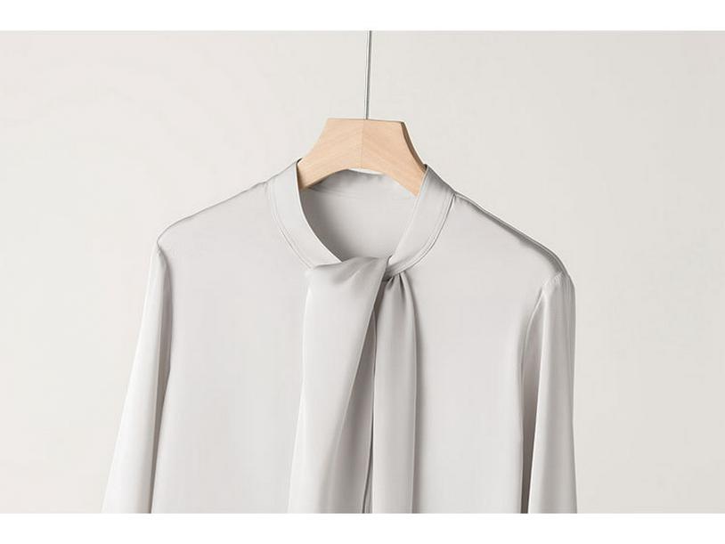 2025 Spring Women's Long Sleeve Mulberry Silk Shirt with Ribbon - Commuter Style, Slim Fit, Solid Color
