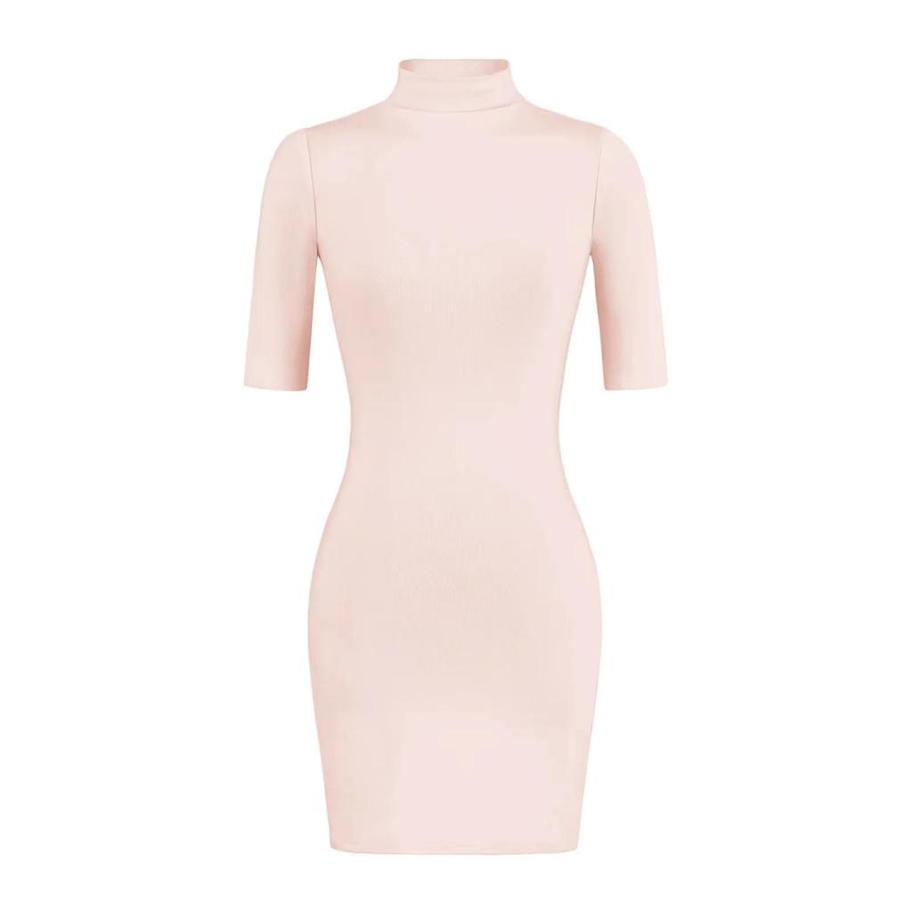 Pure Desire High Neck Slim Fit Mid-Sleeve Dress for Women – Waist-Cinched Hip-Hugging Skirt