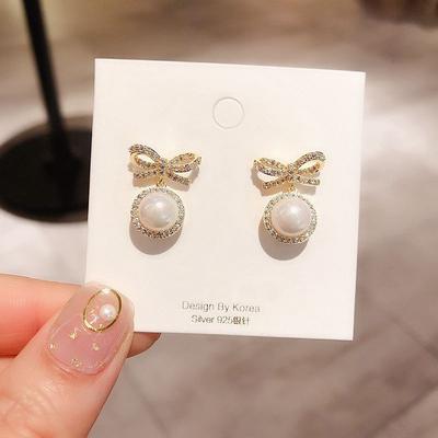 Korean Bow Highlight Pearl Diamond Earrings Women's Elegant Exquisite Niche Design Versatile Earrings Tide