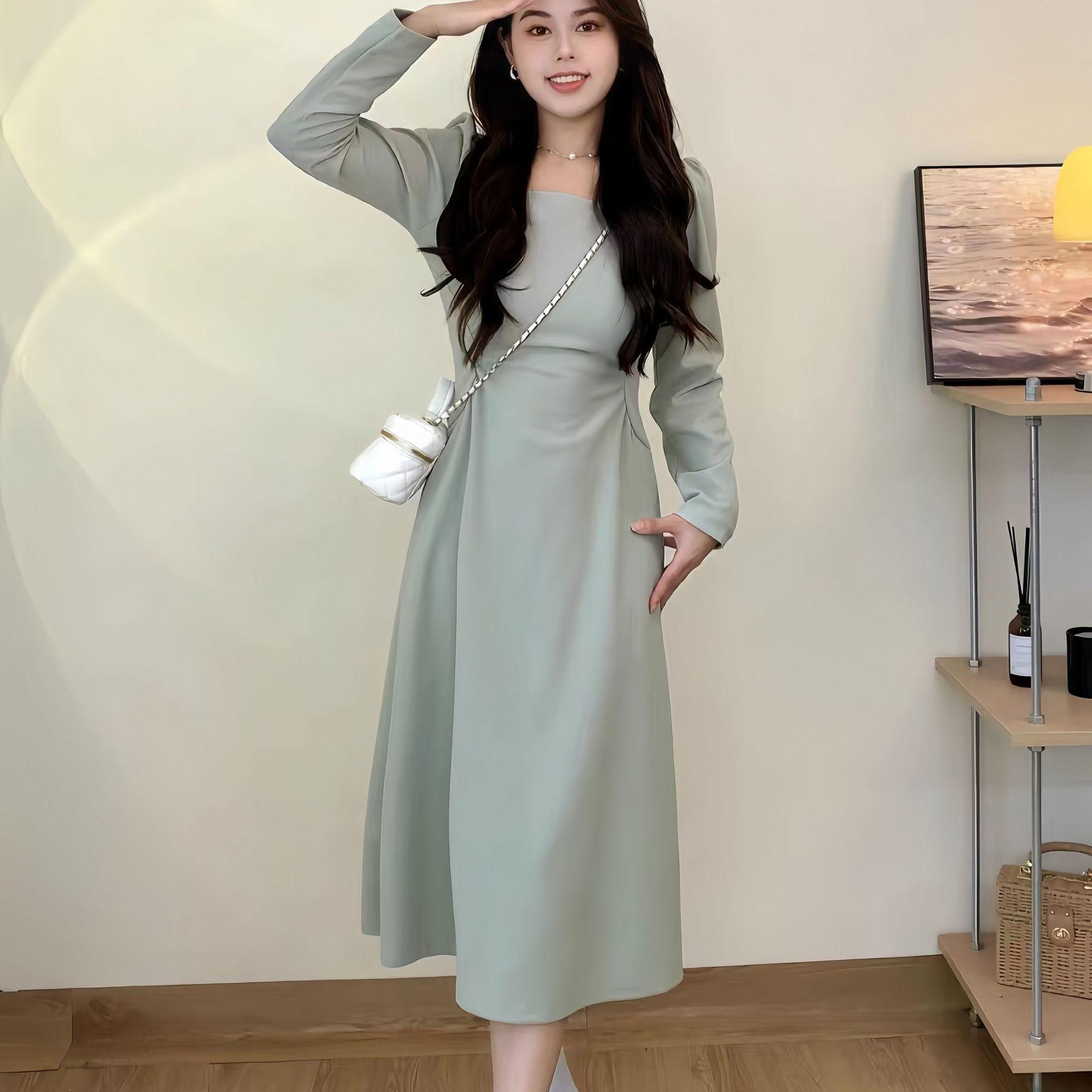 

Pleated Waist-Cinching Elegant Autumn French Long Dress with Square Neck S (recommended for 40-48 kg)