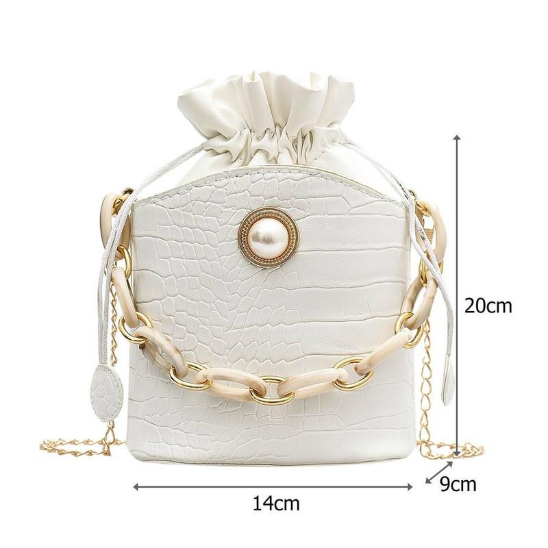 Damen PU Bucket Kette Kleine Messenger Handtaschen Kordelzug Schultertaschen