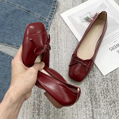 Red Bow Single Shoes Women's Flat Bottom Black Ladyshoes Fairy Gentle Shallow Mouth French Ballet Soft Sole Low Heel Women's Shoes