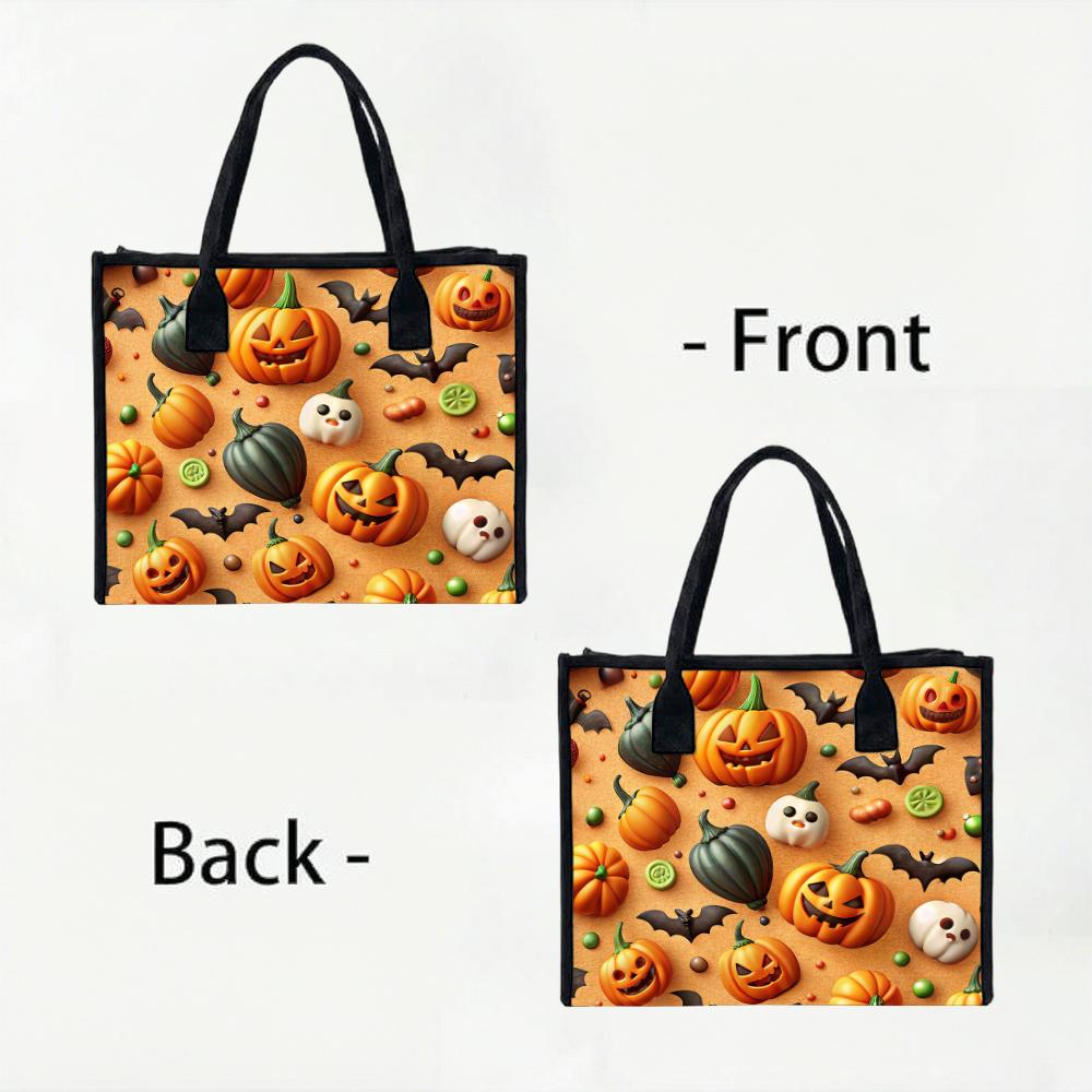 Halloween Pumpkin Pattern Tote Bag Cute Bat Ghost Print Daily Use Shopping Handbag Fashion Casual Portable Shoulder Bag