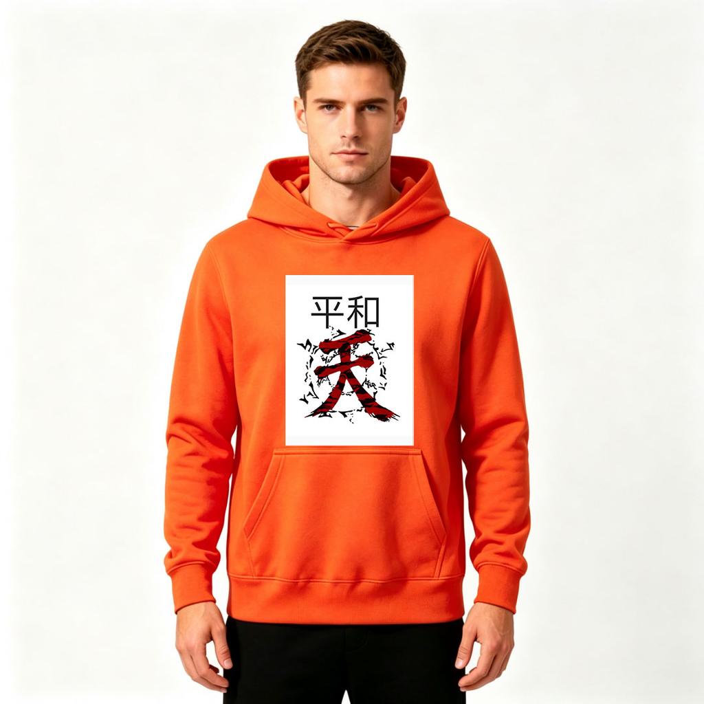 Men's Pullover Hoodie, Chinese Character Peace Print Casual Hooded Sweatshirt for Daily Wear