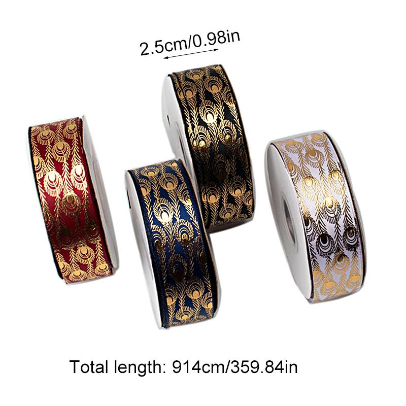 10 meter/rull påfuglfjærtrykt bånd Webbing silkebånd fjær gullbelagt bånd laserbånd 2,5x914cm