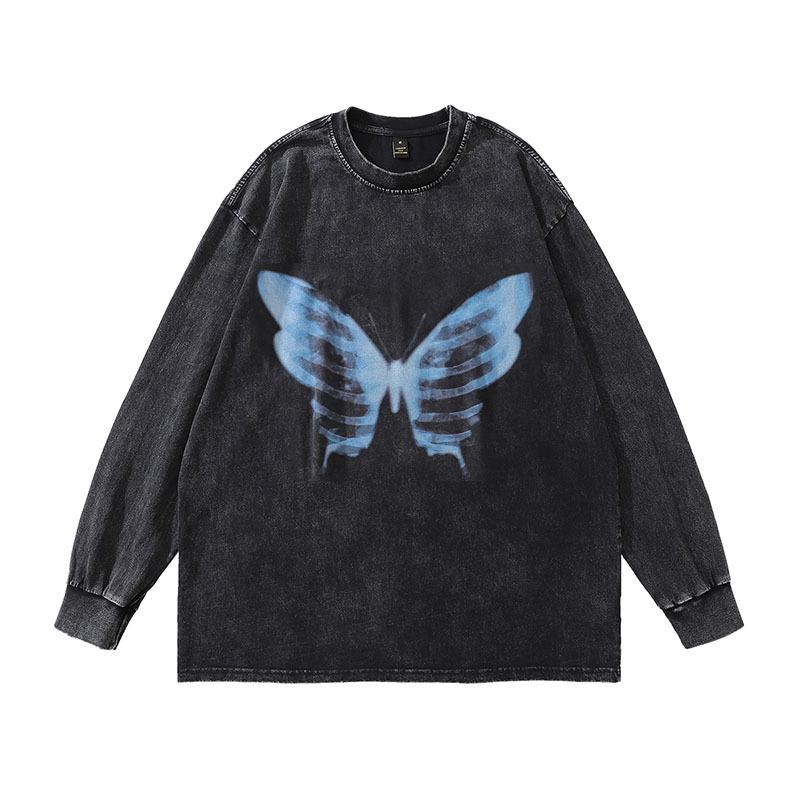 European And American High Street Spoof Print Vintage Hip Hop Retro Wind Wash Water Round Neck Long Sleeve Bottoming T-Shirt Men And Women