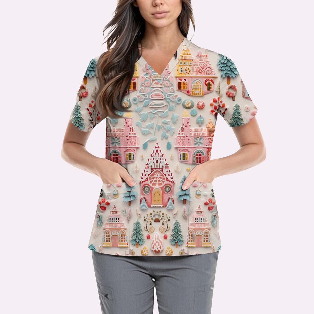 Women's Cute Printed Work Clothes V-neck Double Layer Pockets Basic Short Sleeve Top Pullover Valentines