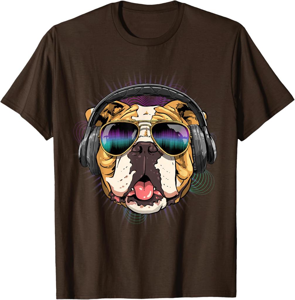 Music Bulldog DJ Headphones Graphic Tee Men Casual Cotton Short Sleeve T-Shirt