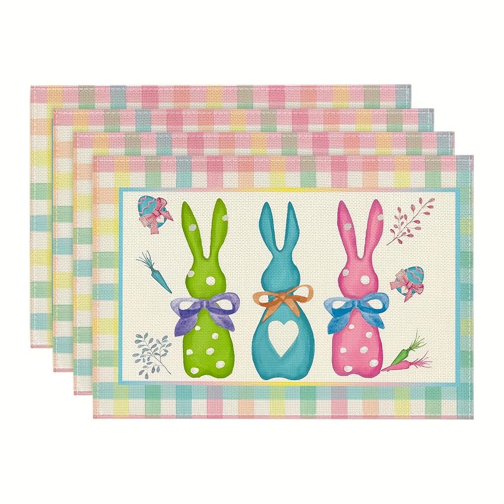 4pcs Buffalo Check Easter Placemats, Featuring Rabbits, Daisies, and Carrots, Perfect for Party, Kitchen, and Dining Room Decor