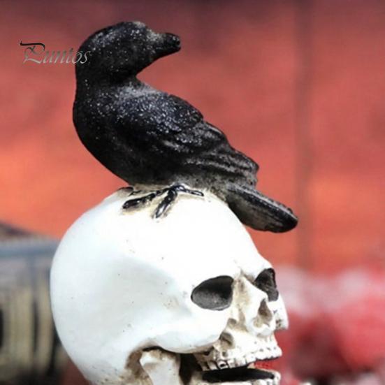Gothic Skull Figurine Mystical Raven on Statue, Crow Perching Decor with Book, Spooky Halloween Resin Sculpture for Desk Shelf Retro Desktop