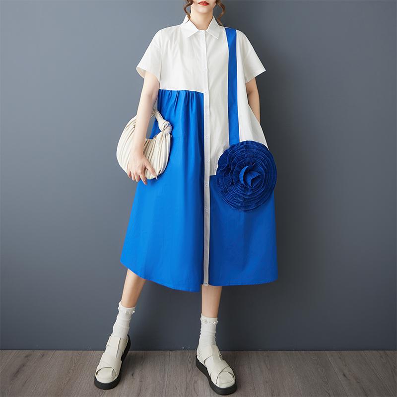 

DIMANAF New Plus Size Loose Dress Basic Buttons Women 2025 Summer Casual Style Short Sleeves Shirt Dress Maxi One Size синий