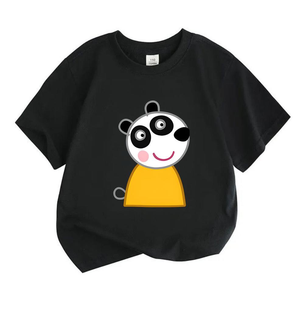 Kids Boys Girls Crew Neck Short Sleeve 100% Cotton T-Shirt Cute Cartoon Panda Printed Casual Soft Breathable Lightweight Pullover Tee for Daily Home O
