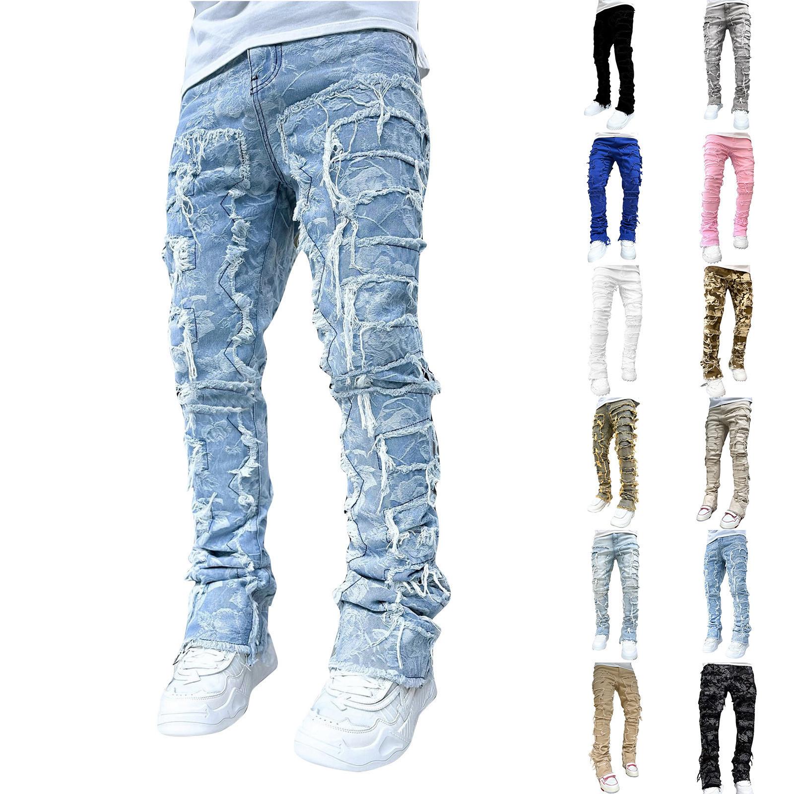 

Men s Casual Mid-Rise Washed Trousers Retro Straight Slim Fashion Jeans L бежевий