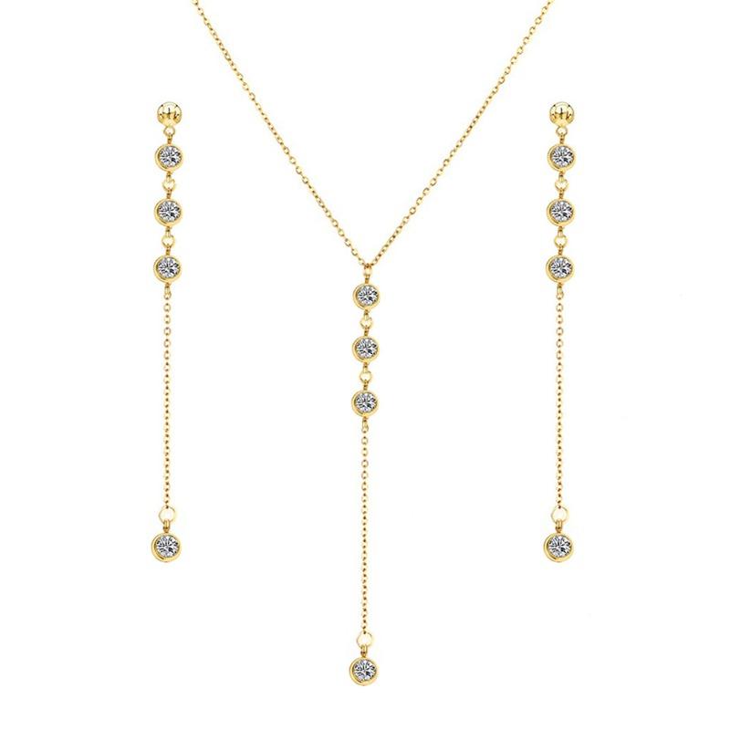 

Meier New stainless steel long chain sparkling crystal necklace and tassel earring set