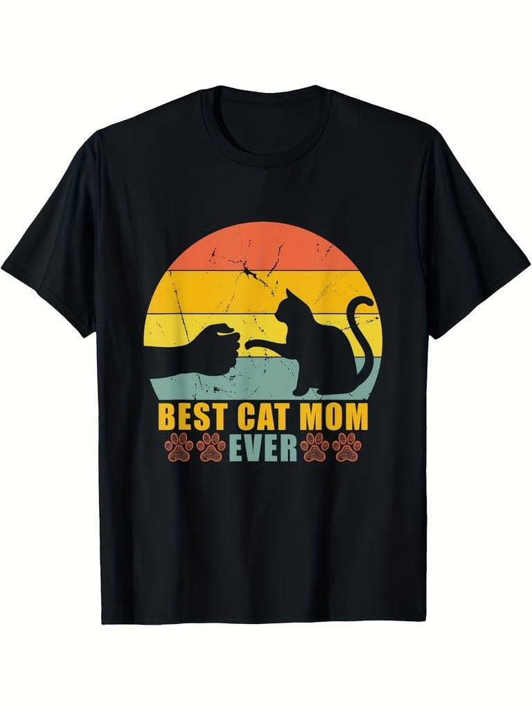 Best Cat Mom Ever Retro Vintage Mothers Day T Shirt Black Cat Lover Graphic Tee with Sunset Stripes & Floral Accents Loose Fit Casual Comfort Machine