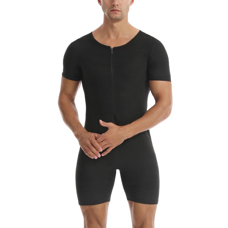 Heren Sauna Zweet Bodysuit, Rits Korte Mouw Volledige Lichaamsvormer Buikcontrole Trainingspak voor Sportschool Hardlopen