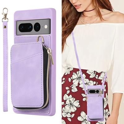 Crossbody Leather Necklace Lanyard Zipper Wallet Cards Phone Case for Google Pixel 7 Pro 7A 6A Purse Coin Phone Bag Hand Strap