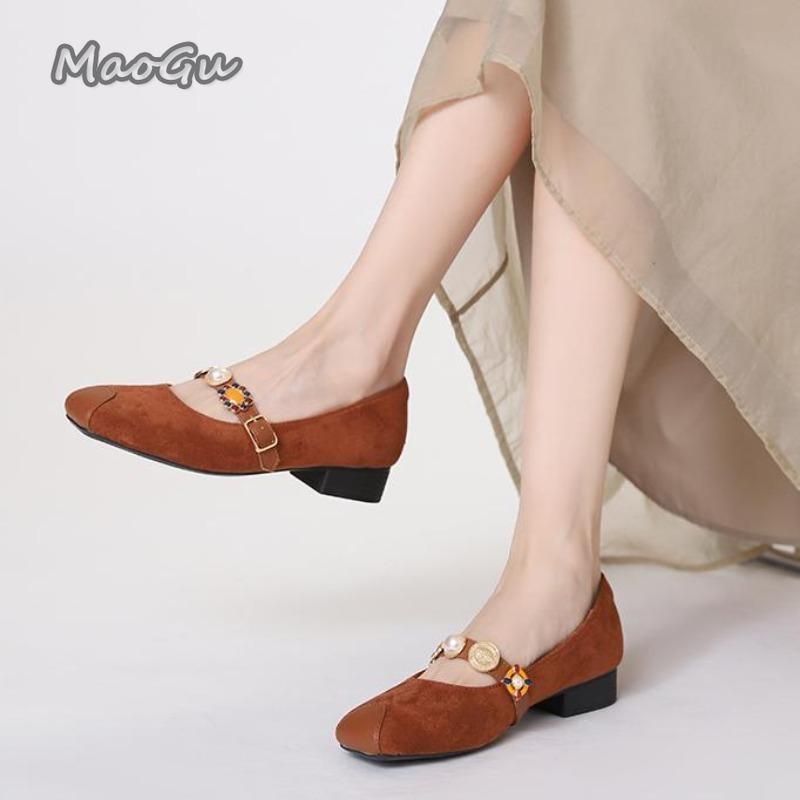 Fashion French Retro Suede Single Shoes for Women Office Ladies Low Heel Pumps Pearl Strap Mary Jane Shoes Size 35-43 Zapatos De Mujer