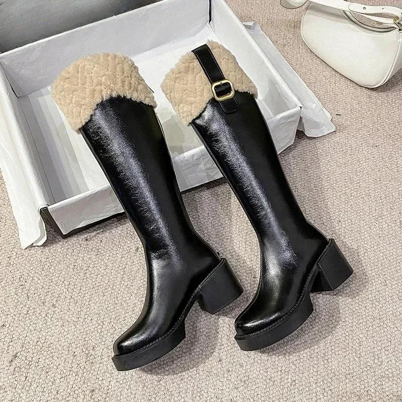Women Knee High Chelsea Boots Keep Warm Boots for Women Fur Zipper Female Platform Boots Plush Edge Women Shoes New