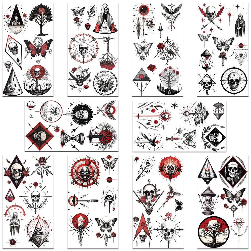 

10 листов ужасных темных наклеек с татуировками черепа для рук, тела, временных поддельных водонепроницаемых наклеек с татуировками, креативные праздничные подарки