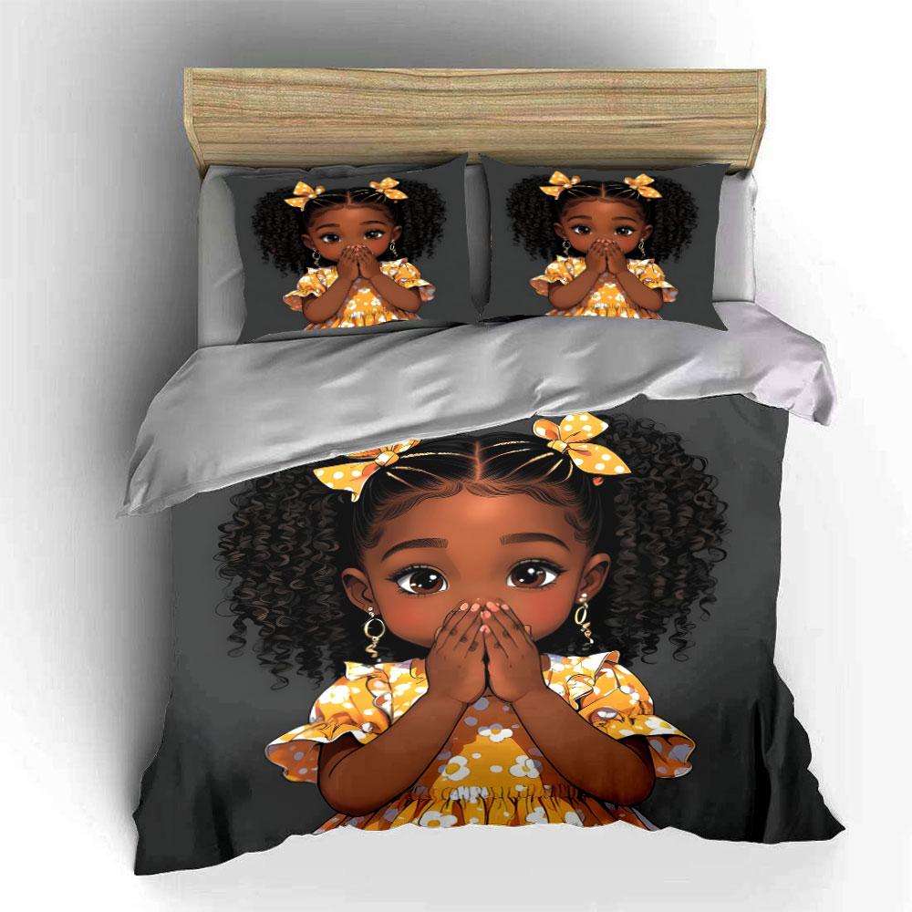 Praying Curly Hair Black Girl Duvet Cover SetYellow Polka Dot Dress Faith Bedding Includes 1 Duvet Cover And 2 PillowcaseGift