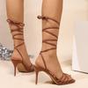 Brown Pu Sexy Lace Up Sandals Women 2025 Summer Super High Heels Ankle Strap Sandals Women Cross Strap Square Toe Party Shoes