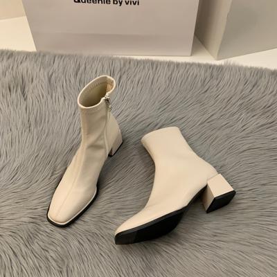 White High-heeled Square Head Thin Small Short Boots Women's Shoes New Spring and Autumn Single Boots Brown Martin Boots