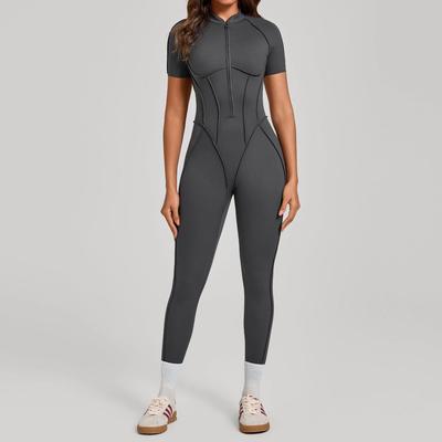 Women's Cross-Collar Half-Zip Tummy-Control Bodysuit Jumpsuit for Yoga 25500