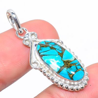 Natural Copper Turquoise Gemstone 925 Sterling Silver Gift Pendant 1.54" n6M24