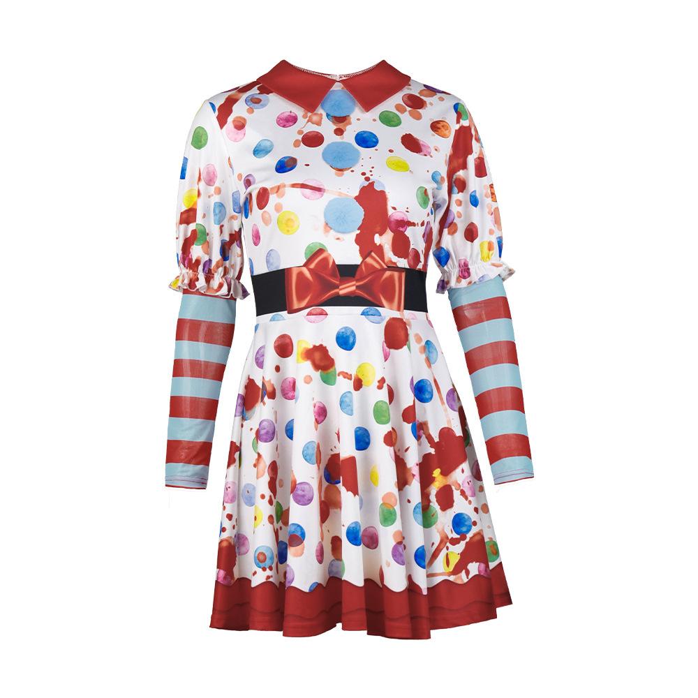 Halloween Party Women Circus Clown Soul Thriller Printed Performance Cosplay Costume Adult Carnival Stage Dress Up Outfit