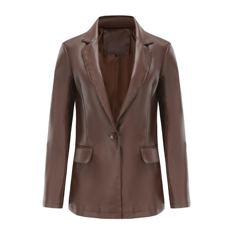 New small suit long-sleeved jacket women's single-grain buckle commuter casual solid-color leather jacket