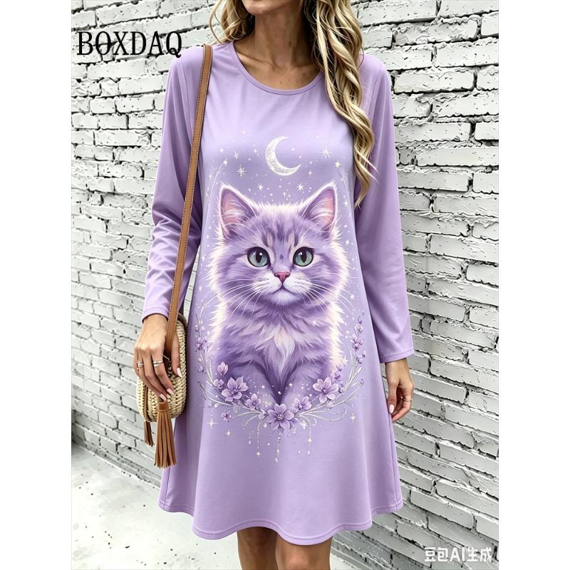 2026 Autumn Dresses Women's Cute Cat 3D Printing Home A-Line Dress Casual Fashion Long Sleeve Maple Leaf Print Loose Dress