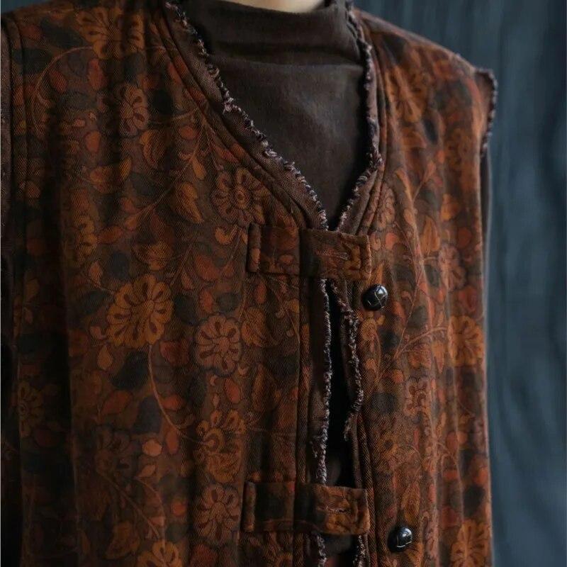Johnature Women Vintage Print Floral Long Vests Coats V-Neck Spring Button Chinese Style Pockets Women Vests Coats