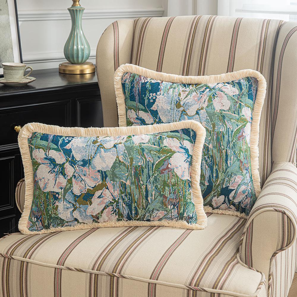 European Classical Jacquard Pillow Case Oil Painting Style Sunflower Tassel Waist Pillow Case Living Room Sofa Cushion Pillow Case