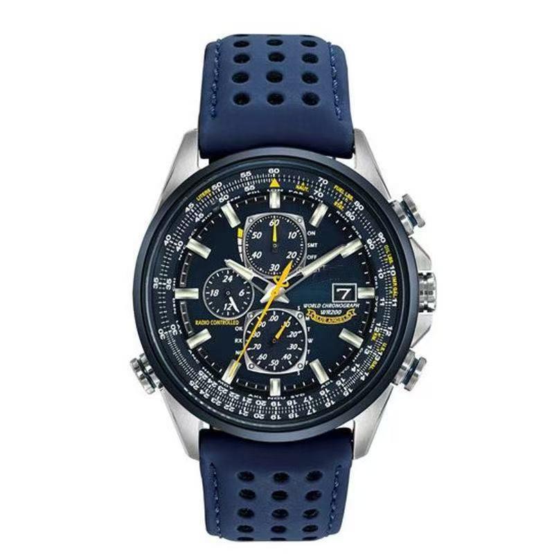 

High-End Men s Quartz Watch: Blue Angel Six-Hand Chronograph with Steel Band and Leather Strap