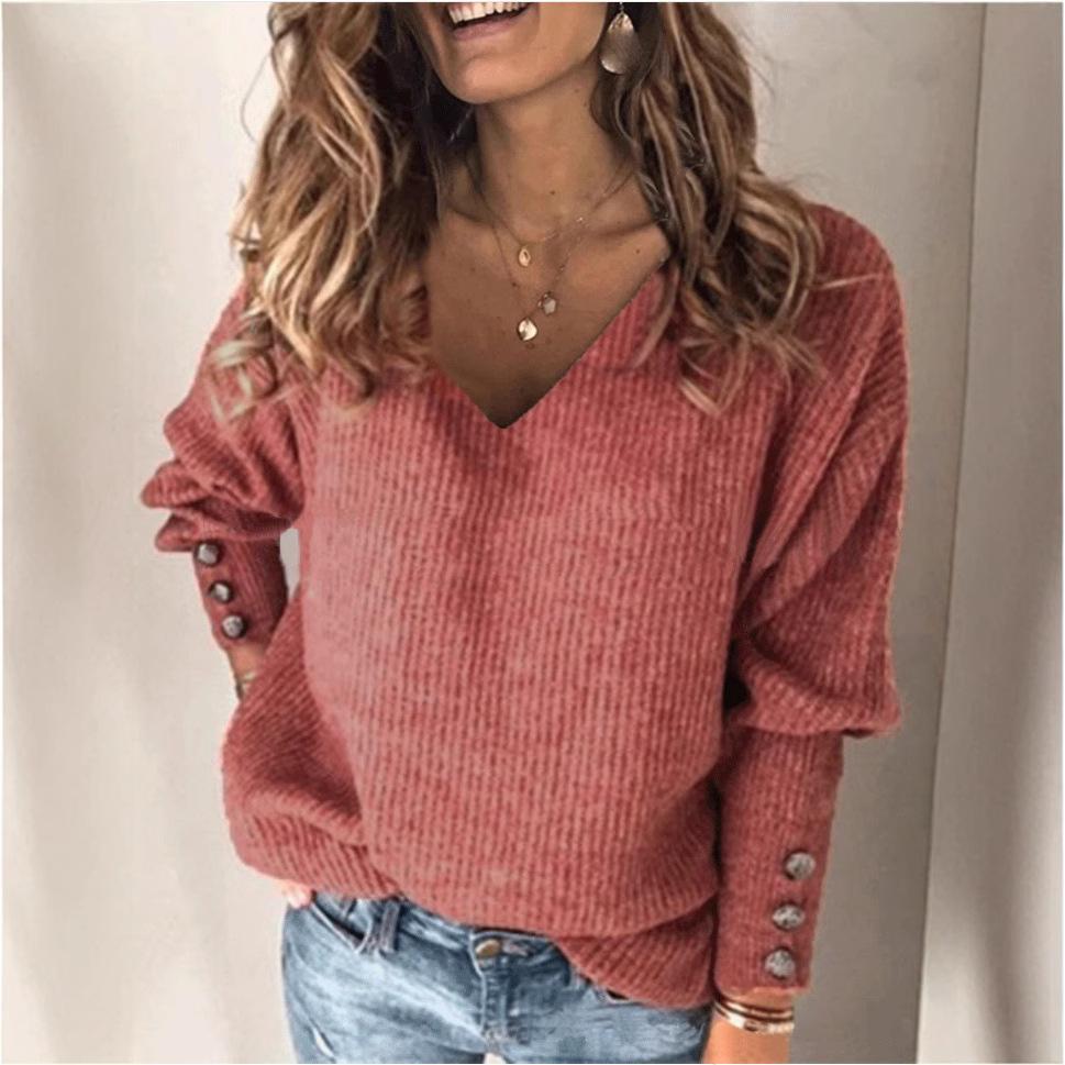 Women's Spring and Autumn Loose Button Solid Color V-neck Knitted Top