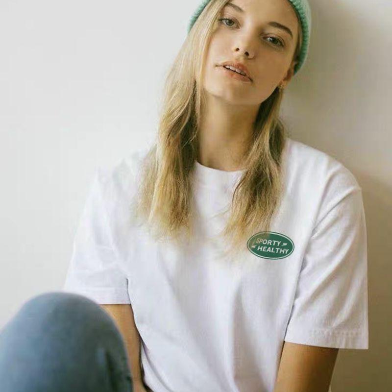 American Retro Street Sports Style Minimalist Casual Sporty Green Small Icon Print Pure Cotton Short Sleeve T-shirt