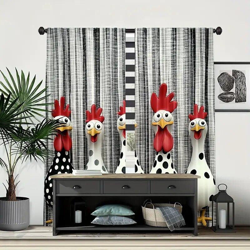 2pcs- Retro chicken pattern - Printed curtains, window decorations, home decorations, room decorations