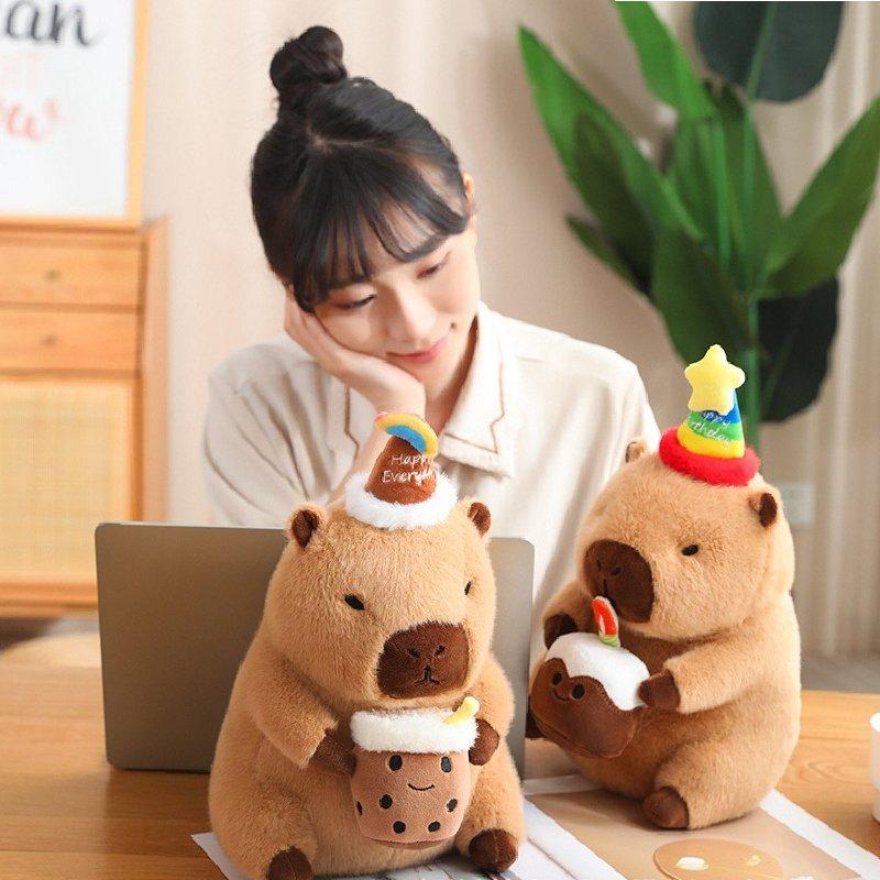 Happy Capybara Birthday Plush Toy Doll Pillow Milk Tea Cake Decoration Flower